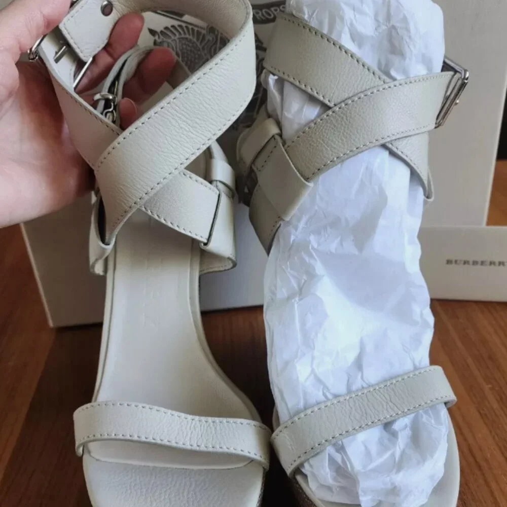 Burberry Brit Check White Leather Goldfinch Wedge Women's Sandals - Picture 7 of 15